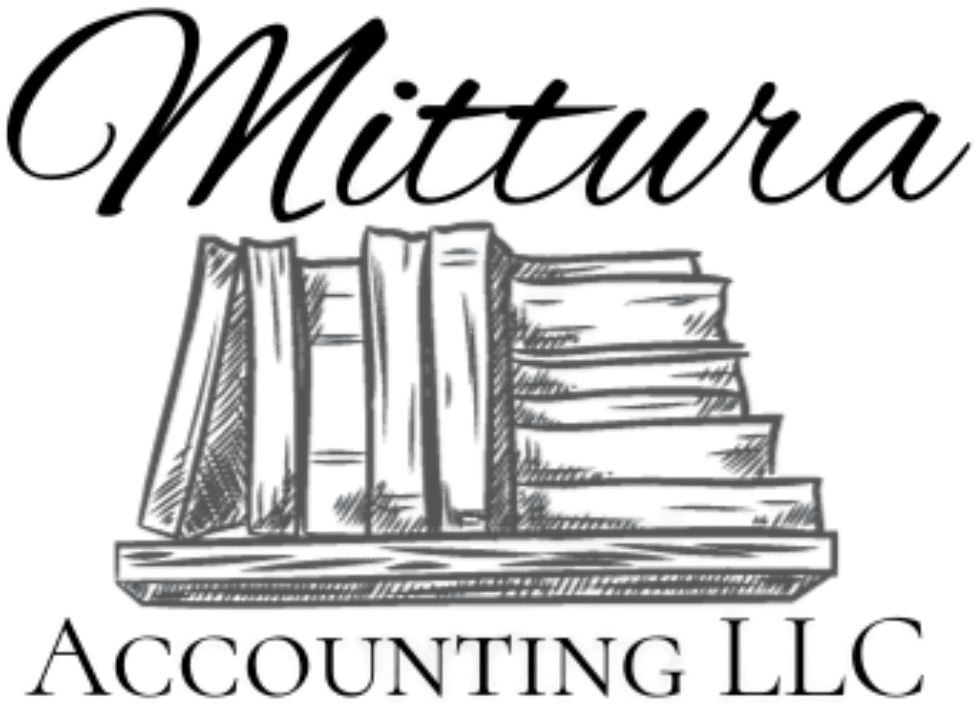 A hand-drawn logo shows three standing binders and a stack of papers. The text reads “Accounting LLC.”.